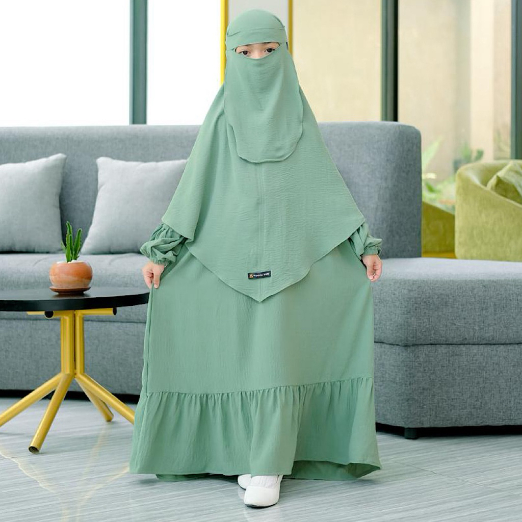 promo terbaru syakila kids,medina set gamis anak syari khimai bergo free cadar bandana untuk anak