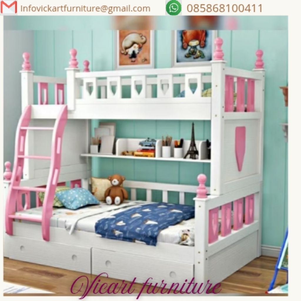 Tempat Tidur 3 Tingkat Anak Perempuan / Ranjang Karakter Minimalis Custom Laci