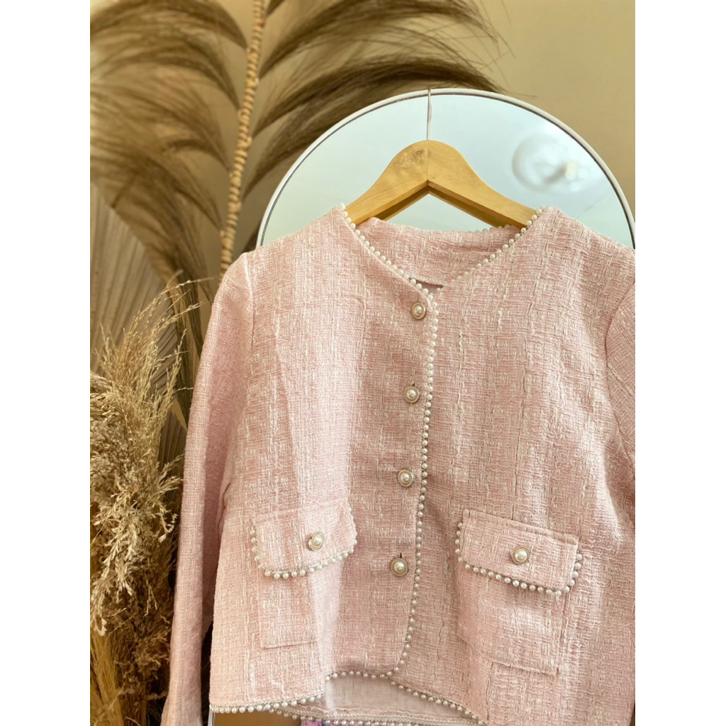 Blazer Pink Lengan Panjang Autumn Outer Crop Import Wanita Korea Atasan Tweed Atasan Wanita Casual L