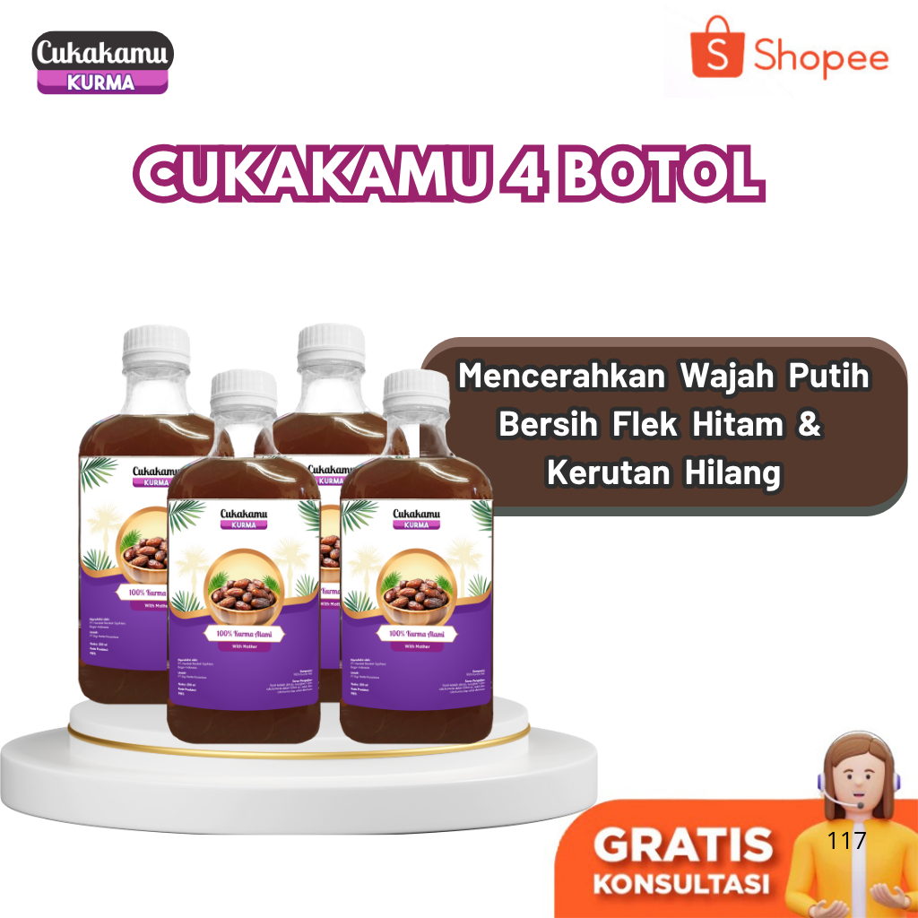 

CUKAKAMU - Cuka Kurma Mencerahkan Wajah Putih Bersih Flek Hitam & Kerutan Hilang - 4 Botol