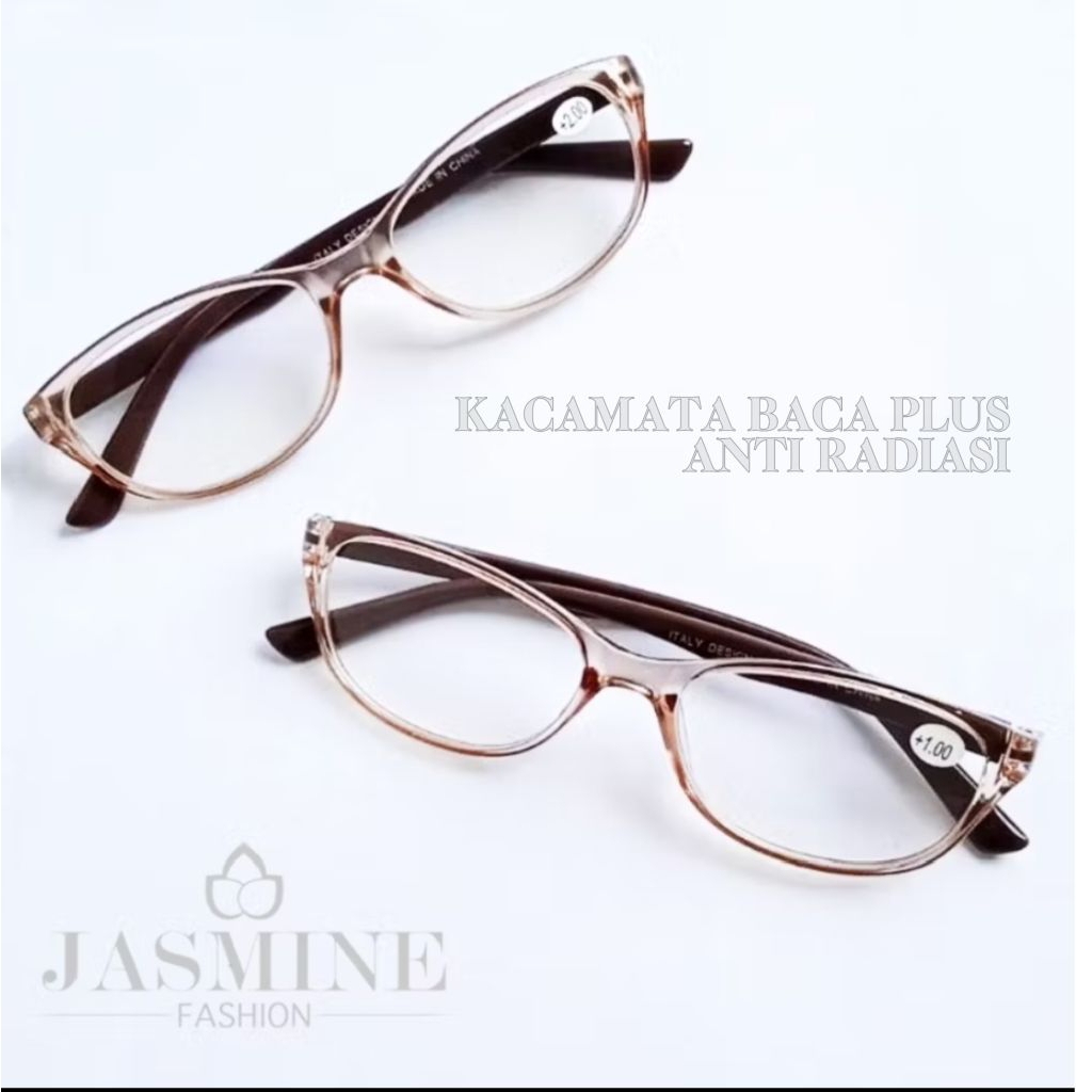 Kacamata Lensa Baca Plus Rabun Dekat Anti Radiasi UV Protection Frame Cat Eye Coklat Karamel Transpa