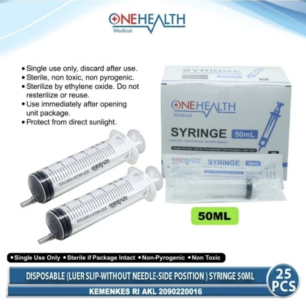 Onehealth Syringe 50 cc Per Pcs Luer Slip Lubang Samping Tanpa Needle