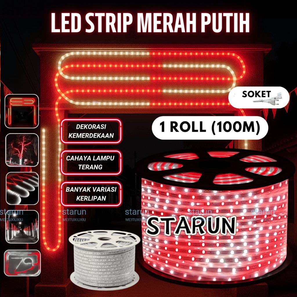 Homeyvibes Lampu Strip Merah Putih Rna Rni 1Roll 100 Meter/Led Strip Rgb Free Soket/Led Strip