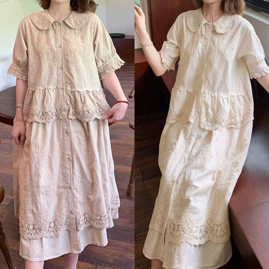 DRESS KATUN RENDA BORDIR LACE BRUKAT PREMIUM COKLAT KHAKI PUTIH GADING IVORY KERAH BULAT HIGHWAIST K