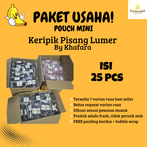 

Paket usaha Keripik Pisang Lumer 25pcs Pouch Mini Khafara | BACA DESKRIPSI!