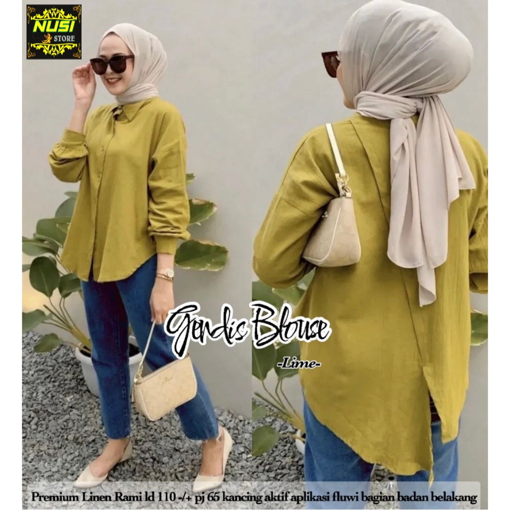 Gendis baju kemeja atasan blouse jumbo ld 110 wanita muslim linen rami polos terbaru