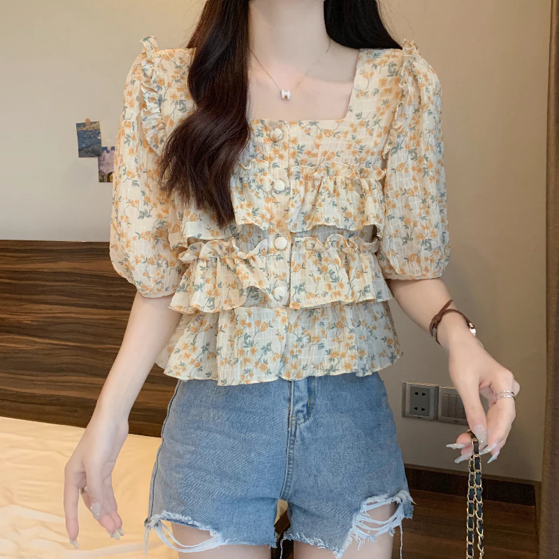 N526 Blouse Korea Lengan Pendek Blus Motif Bunga Atasan Wanita