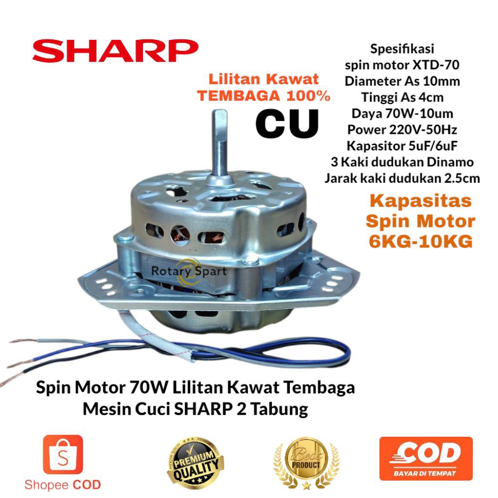 Spin motor 70W Lilitan Kawat Tembaga Mesin cuci Sharp 2 Tabung manual kapasitas 7KG-10KG