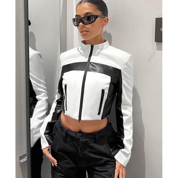 Special Dzakileather Leather Jacket Crop Black  White Casual