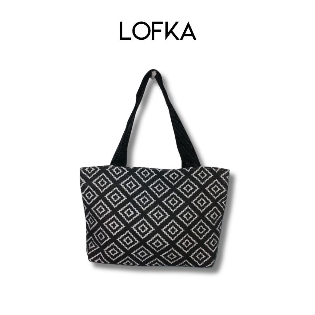 LOFKA Tas Jinjing Kanvas Motif Wajik Hitam Wanita Tas Handbag Ukuran KECIL 18x27 cm Dengan Furing Ba