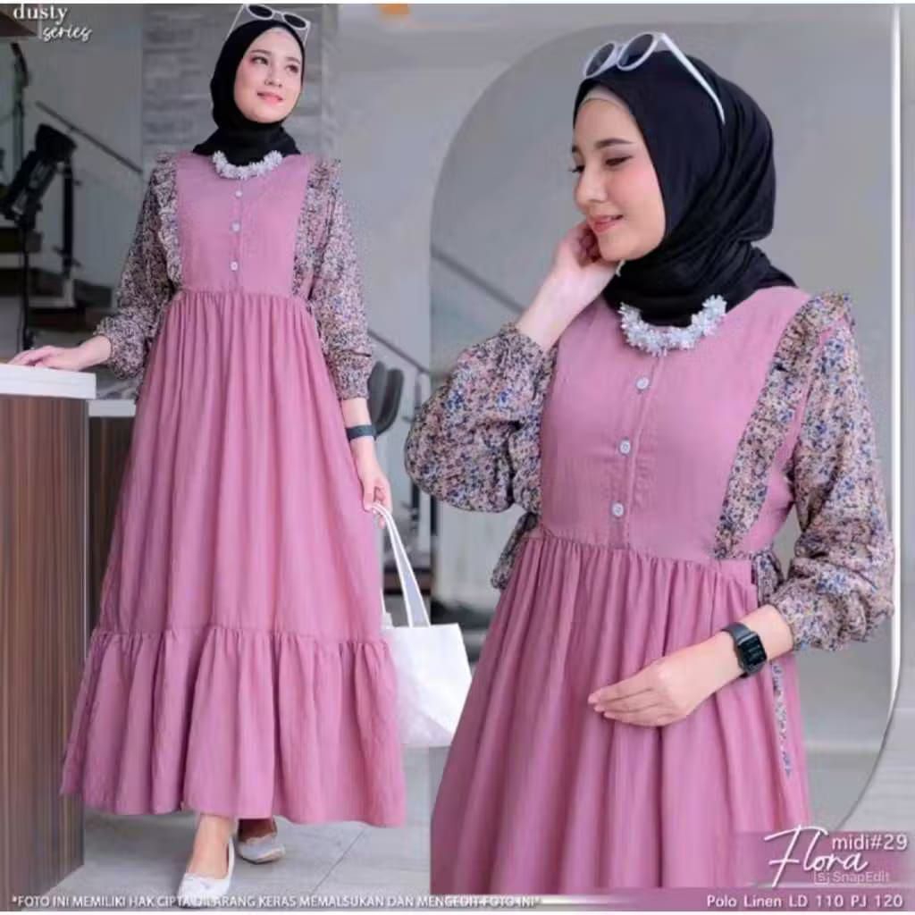 PROMO TERLARIS GAMIS MIDI FLORA WANITA/Gamis Midi Flora Kancing Fashion Wanita Muslim Bahan Rayon Tw