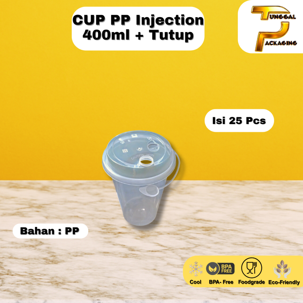 [ISI 25PCS] Cup PP Injection 400ml + Connected Lid / Cup PP Injection 400ml termasuk Tutup