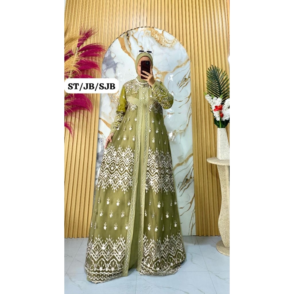 GAMIS SET HIJAB MOTIF CERUTY MIX BROKAT TILE PAYET DRESS CANTIK MEWAH ELEGAN BAJU PESTA WANITA TERBA