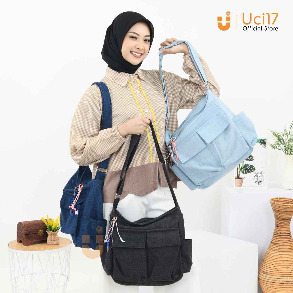 [Ucistore17] tas selempang wanita sling bag wanita dan pria unisex jeans denim premium