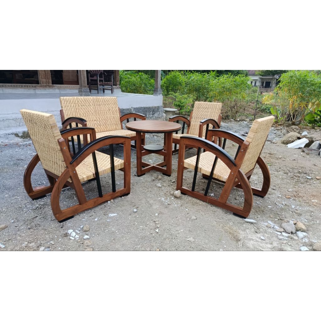kursi tamu jati rotan klasik asli kuno lawas rekondisi