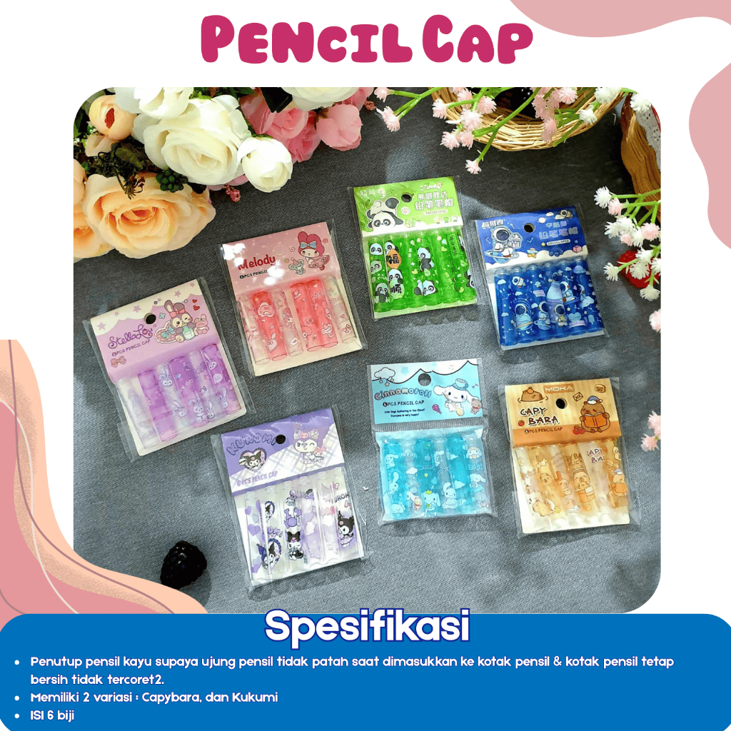 

R-GNR Pencil cap penutup pensil lucu fancy karakter isi 6 sanriooimut astronot panda bunny capybara