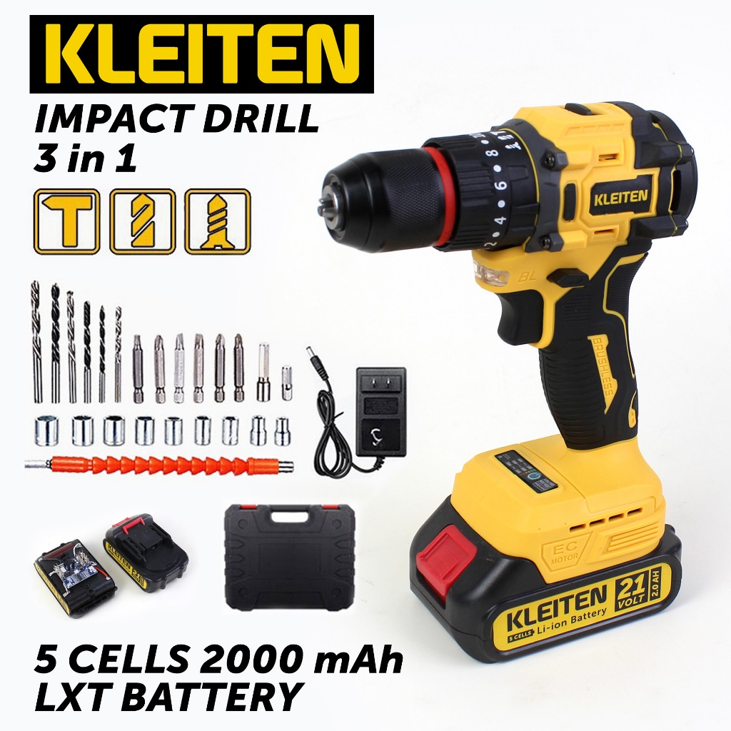 KLEITEN Bor Baterai 21V Cordless Impact Drill Brushless 10mm Bor Impek Bor Tembok Baterai