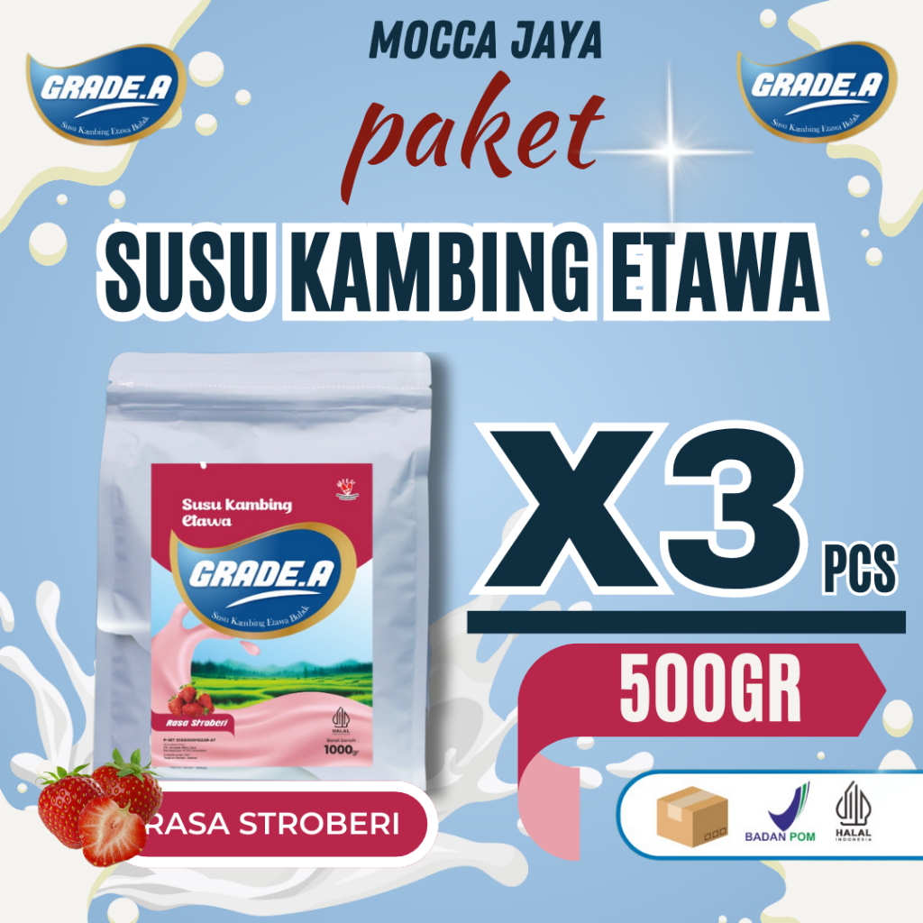 

PAKET 3 PCS GRADE.A SUSU KAMBING ETAWA BUBUK RASA STROBERI 500GR