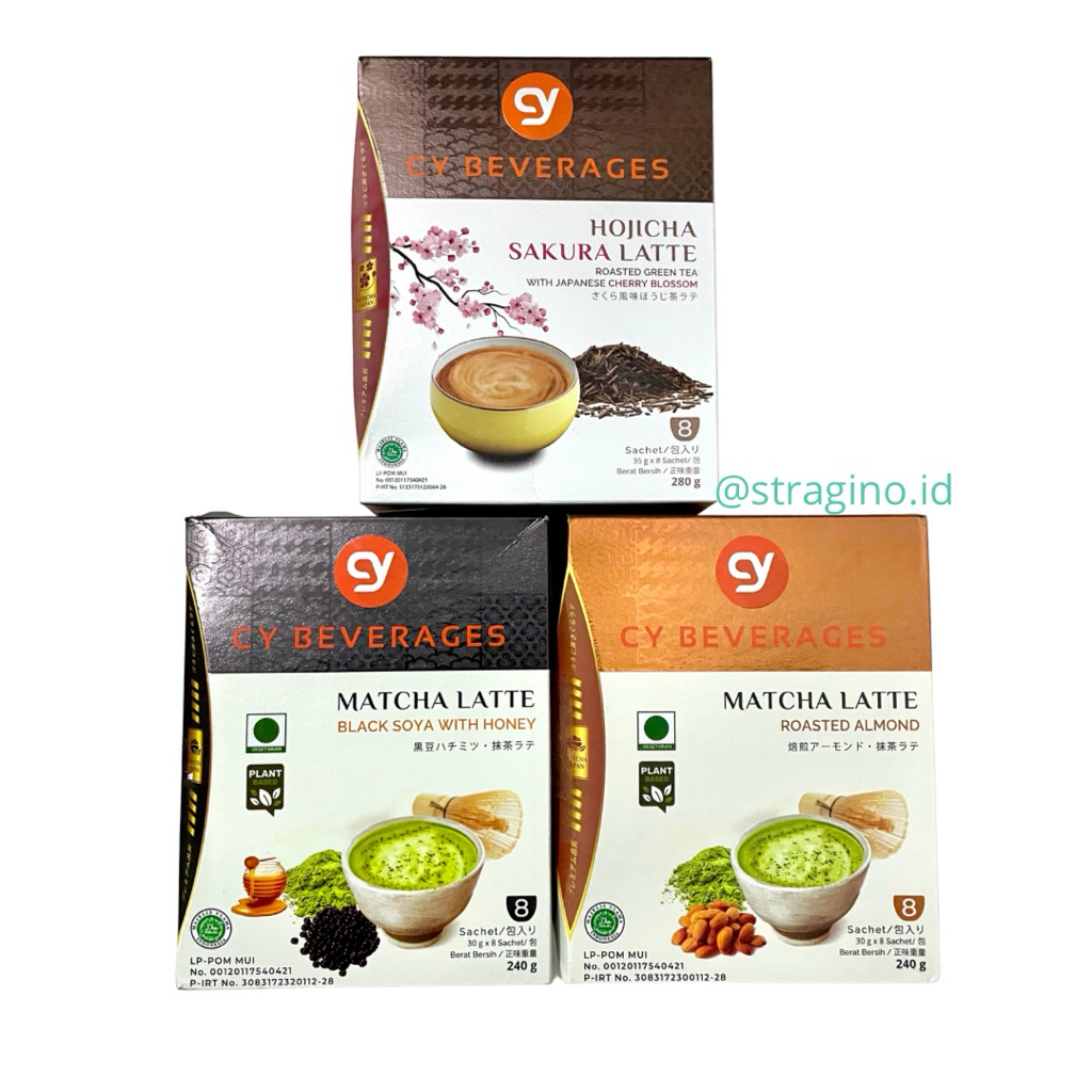 

CY Beverages Matcha Latte 3 Varian [Kedelai Hitam+Madu/Roasted Almond/Hojicha Sakura] 30gr | Plant Based