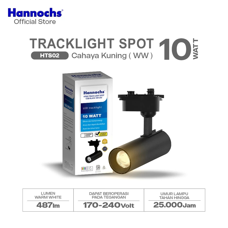 Hannochs Tracklight Lampu Led Sorot Projektor HTS02 body Hitam 10w Cahaya Kuning