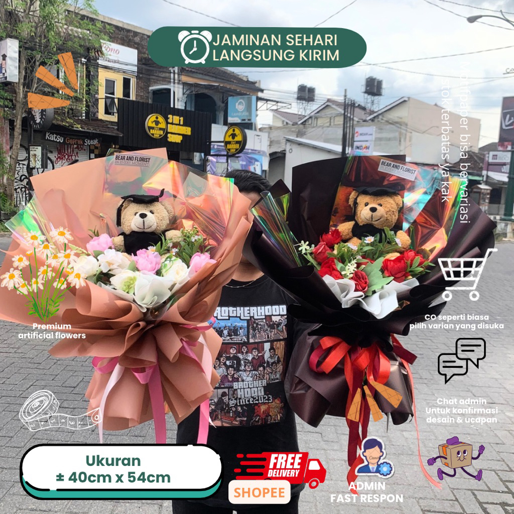 TOKO BUNGA JOGJA - Buket Wisuda Besar Teddy Beruang Rainbow Holo Jogja Wisuda Ultah Graduation