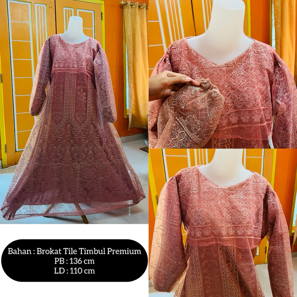 Maxi Dress / Gamis / Midi Brokat Tile Payet Kaca Malay Duyung Kondangan Lebaran Pesta Mayung Busui F