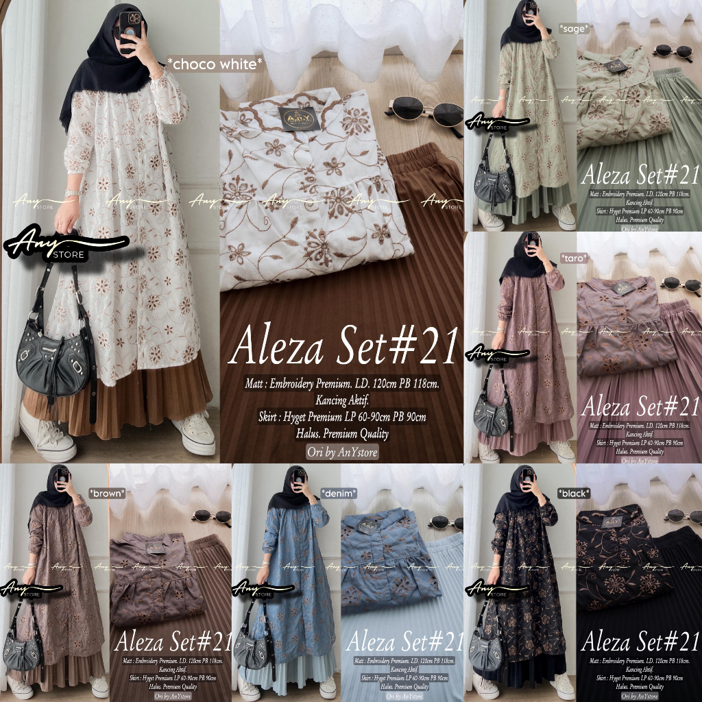 Aleza Set Baju Muslim Setelan Wanita Tunik Midi Dress Katun Casual Rok Hyget Plisket Premium