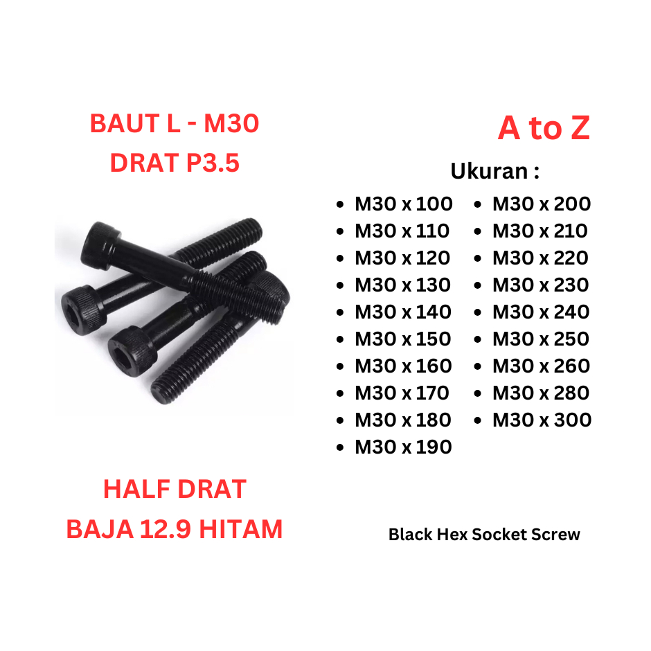 Baut L Baja 12.9 - M30 x 100 / 110 / 120 / 130 / 140 / 150 / 160 / 170 / 180 / 190 / 200 / 210 / 220
