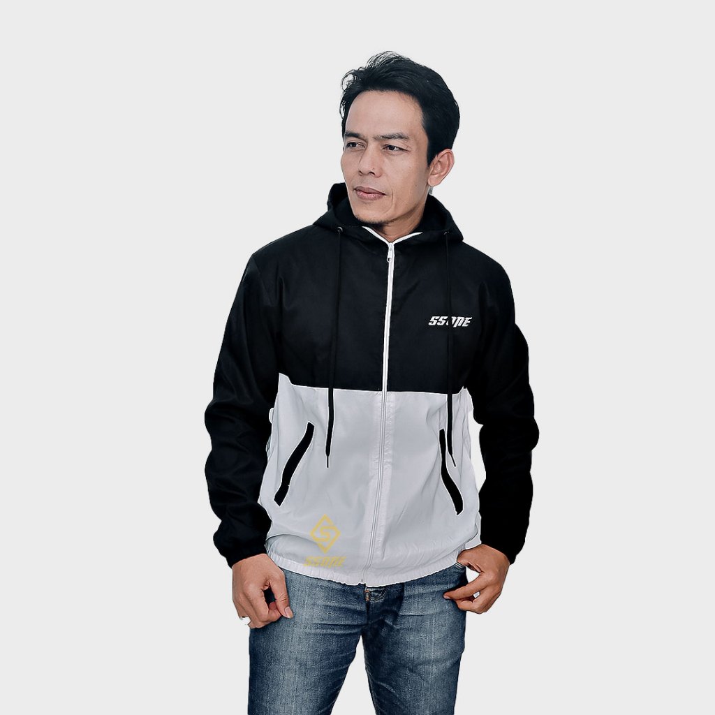 Jacket Windbreaker  hitam putih Outdoor parasut waterfrof