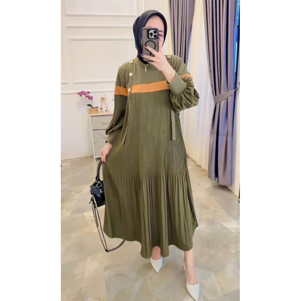 gamis muslim wanita midi dress knit rajut import plisket