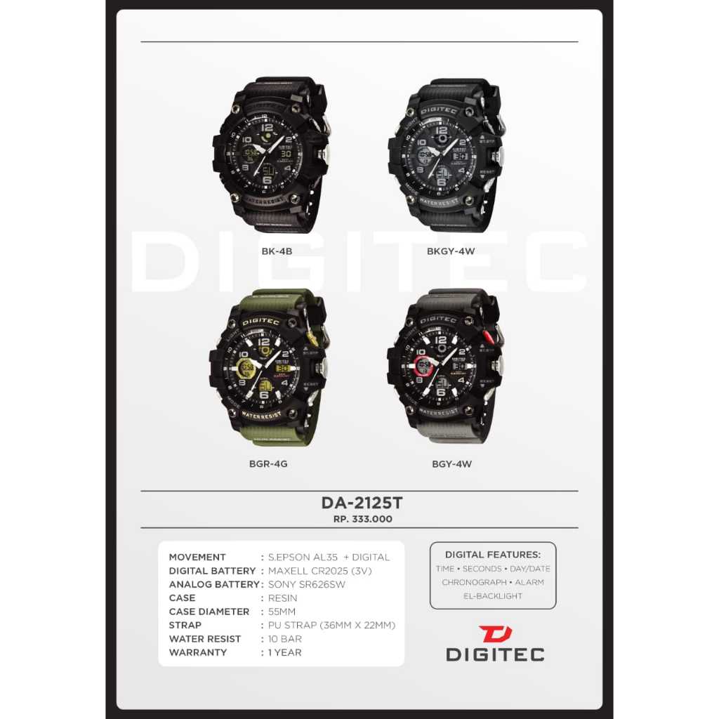 Original 100% Digitec DA-2125T Jam Tangan Pria Double Time DA2125T 2125 2125T Garansi 1 Tahun