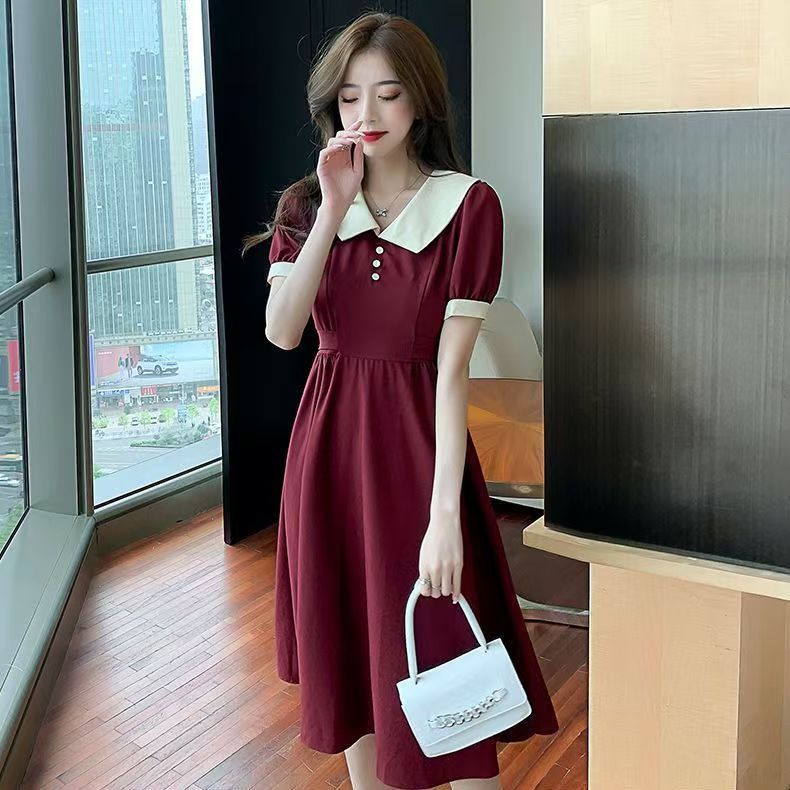 Dress prancis vintage gaun lengan pendek kerah boneka dress formal dress vintage gaun gereja remaja 