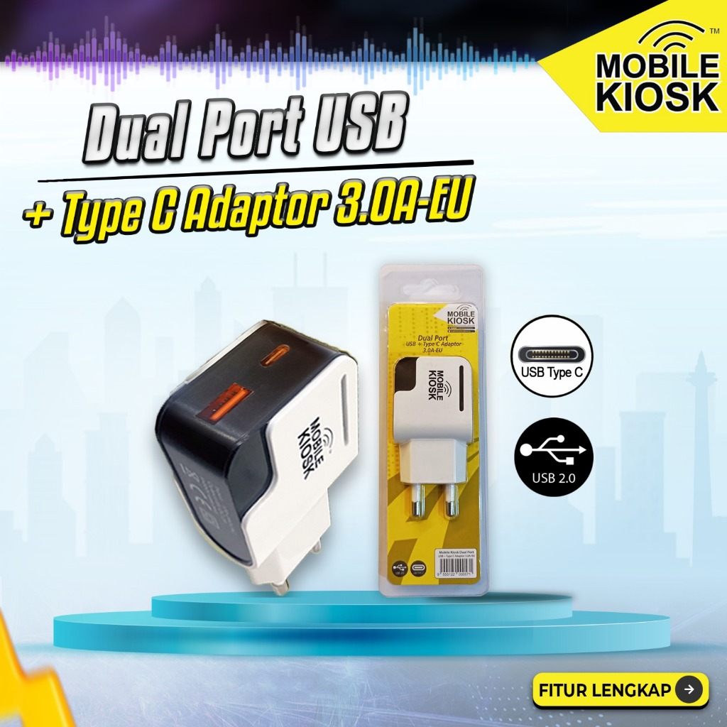Mobile Kiosk Dual Port USB + Type C Adaptor 3.0A-EU Fast Charging