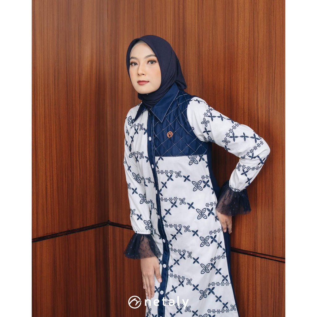 Netaly Cakra Dress Gamis Embroidery Bahan Toyobo Motif Bunga Hitam Putih