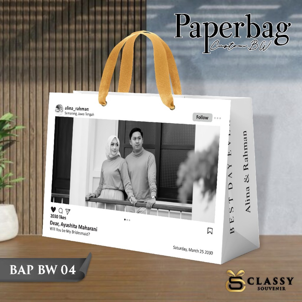 

PAPER BAG WEDDING CUSTOM NAMA BW - TAS SOUVENIR FREE FOTO - PAPERBAG KUALITAS PREMIUM BAHAN ART PAPER