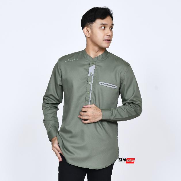 Baju Koko Pria Dewasa Lengan Panjang Warna Hijau Sage Kombinasi Bordir Motif Kalipa Elrumi Katun