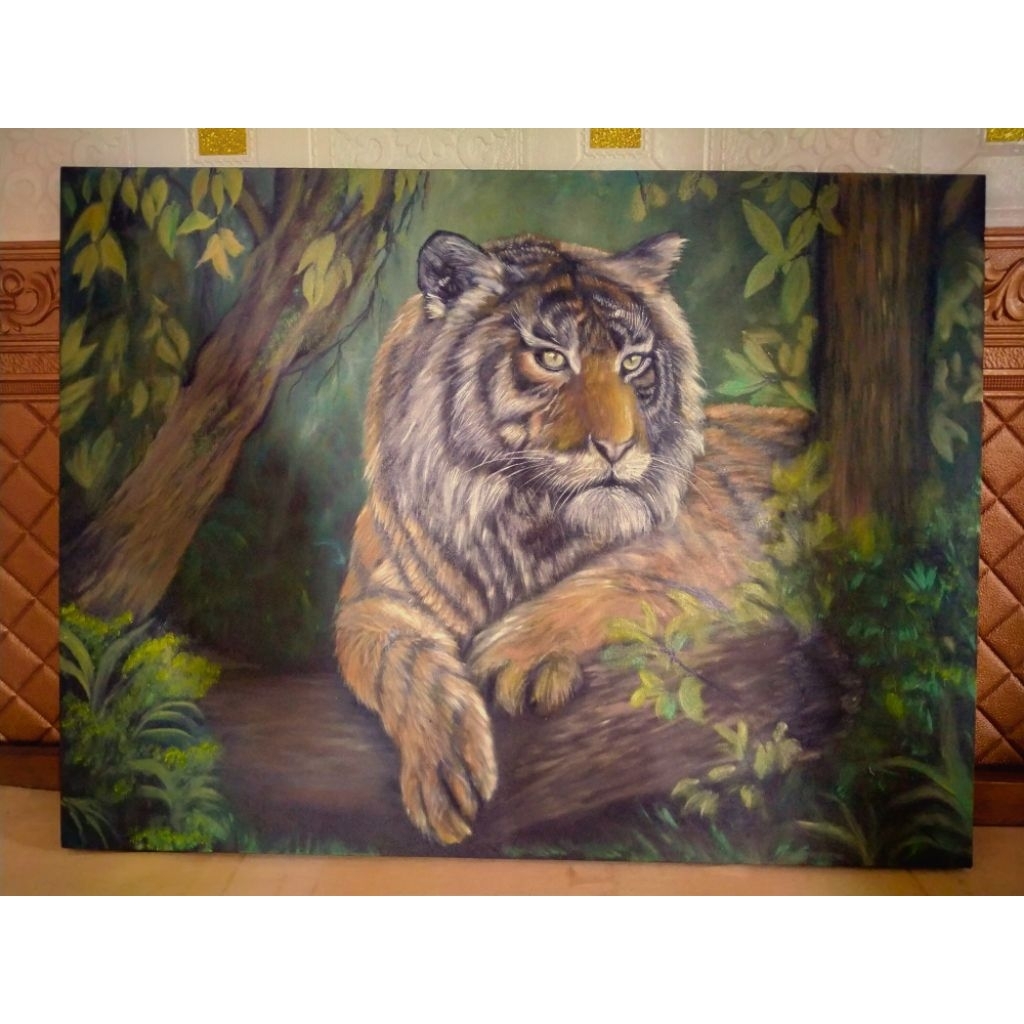 LUKISAN HARIMAU DI HUTAN ASLI BUATAN TANGAN
