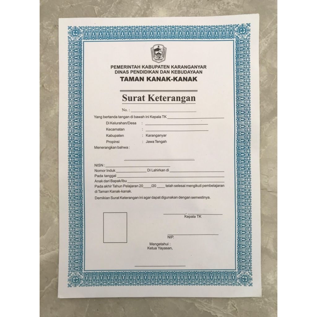 BLANGKO SURAT KETERANGAN TK LULUS / SURAT KETERANGAN TK LULUS KOSONGAN KABUPATEN KARANGANYAR ISI 100