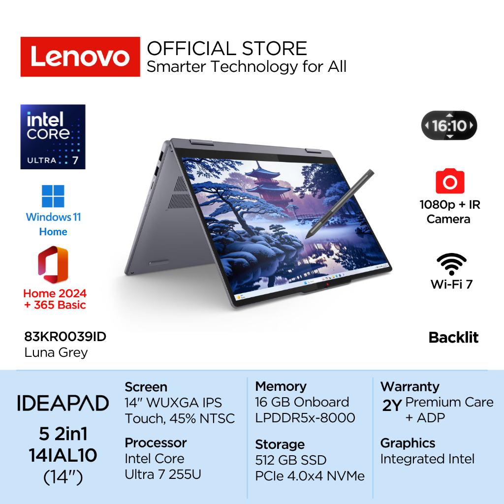 Lenovo IdeaPad 5i 2in1 14IAL10 39ID Intel Core Ultra 7 255U Win11 16GB 512GB SSD 14" WUXGA IPS 300ni