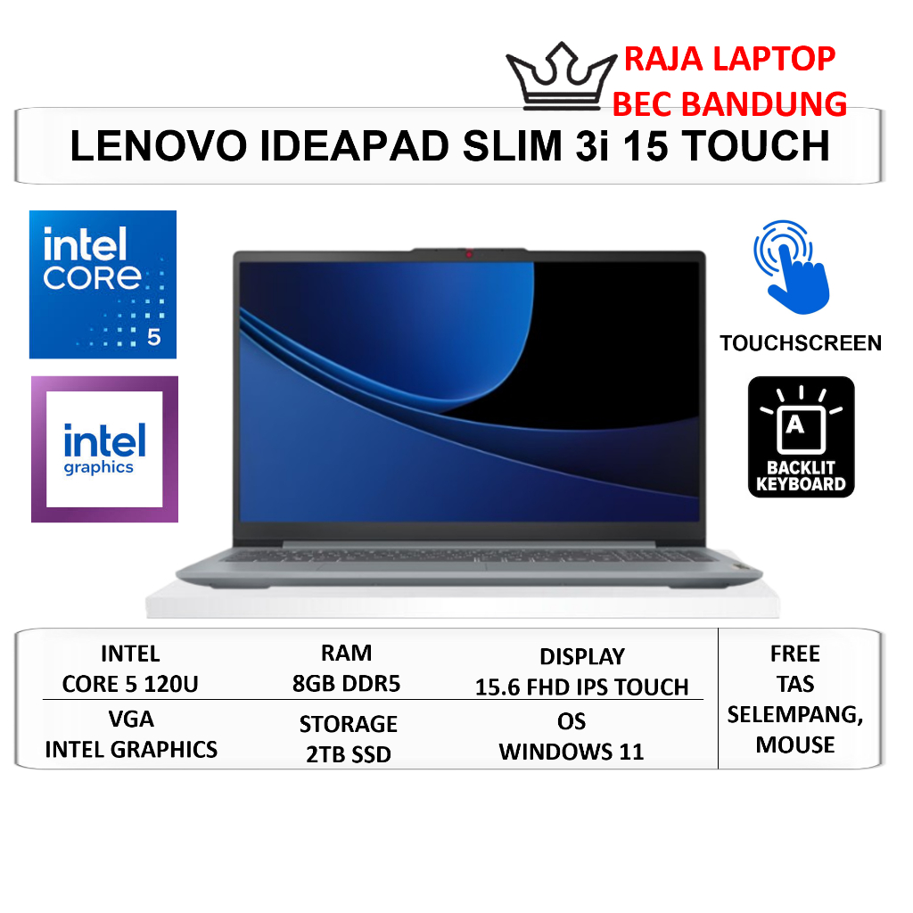 Laptop Lenovo Ideapad Slim 3i 15 Touch Intel i5 120U 8GB SSD 2TB 15.6" FHD IPS Touch Windows 11 Home