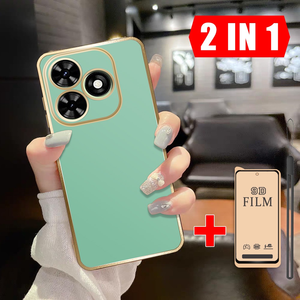 2 dalam 1 Case HP Tecno Spark 20C Spark 20 KJ5 BG7n BG7 Casing Border Emas dengan Film Keramik Anti 