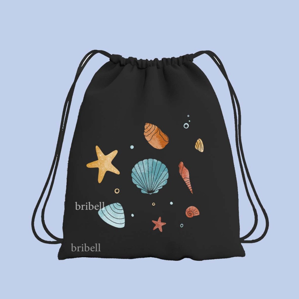 Tas Serut Hitam Putih Bahan Kanvas Tebal Model Karakter Doodle Sea Pantai Aesthetic Tas Wanita Pria 
