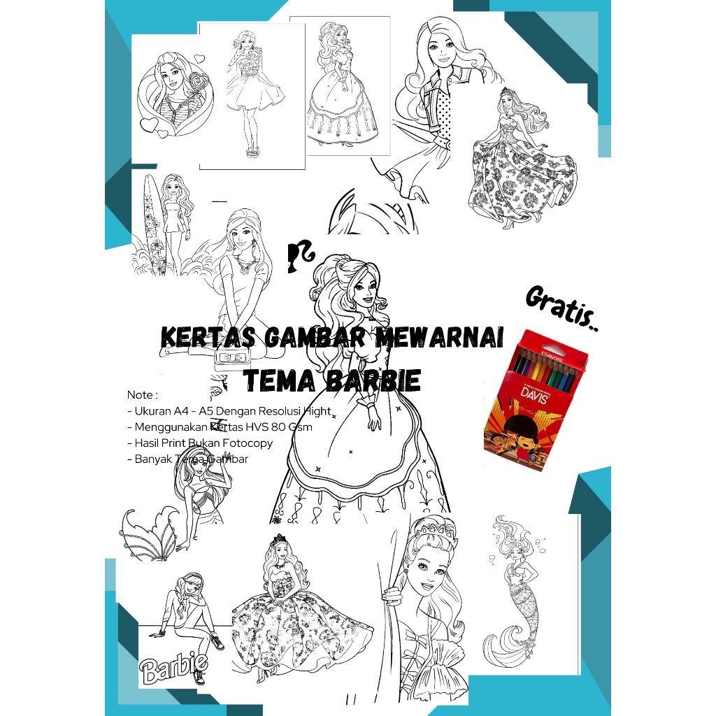 

10 Lembar Kertas Mewarnai Tema Barbie Gratis Pensil Warna