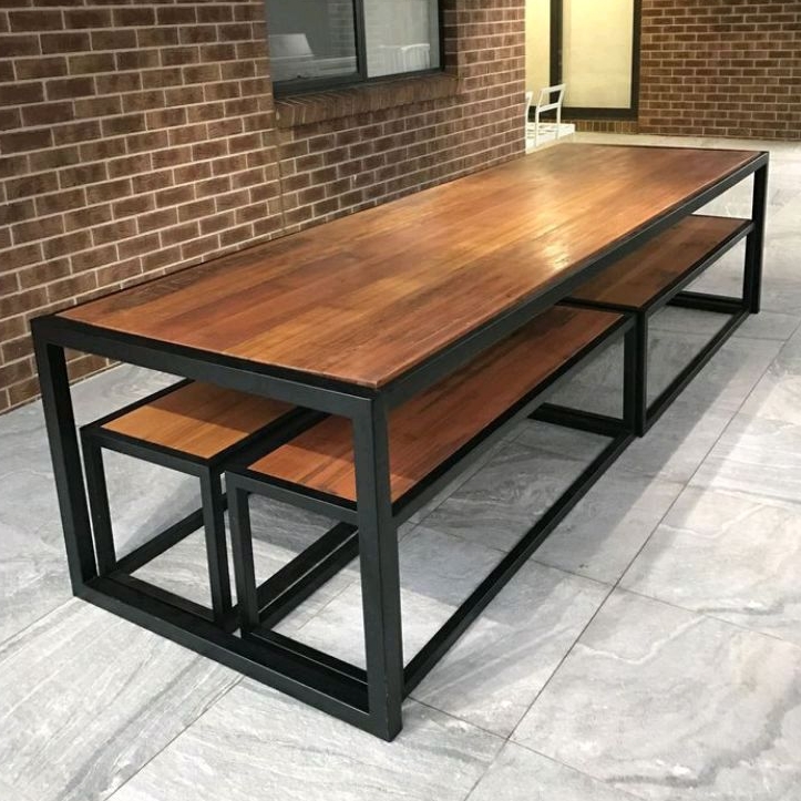 set meja makan meja kayu mahoni industrial minimalis