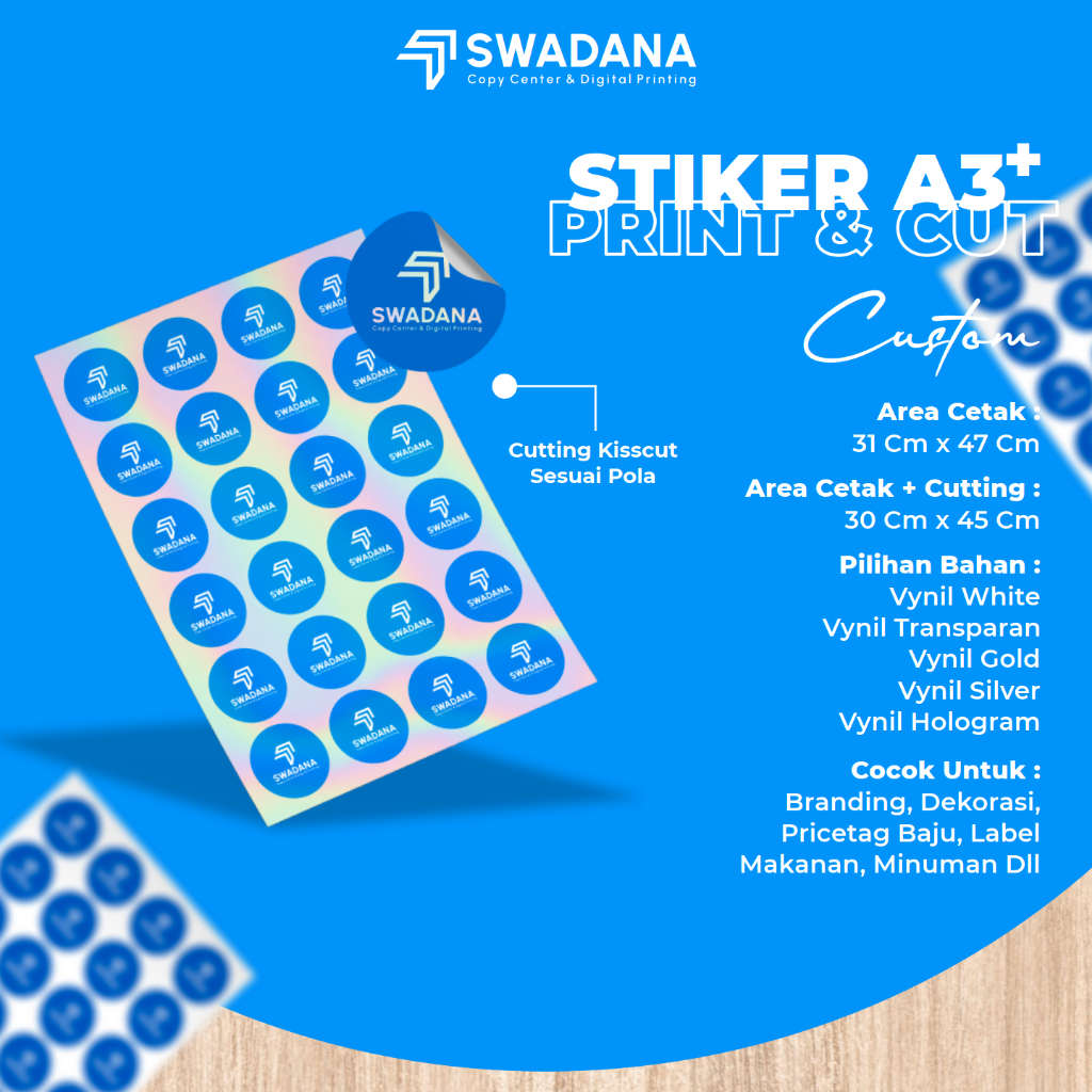 

Cetak Stiker Vynil / Transparan / Gold / Silver / Hologram A3+ | Print & Cut [ Cutting Kisscut Sesuai Pola ]