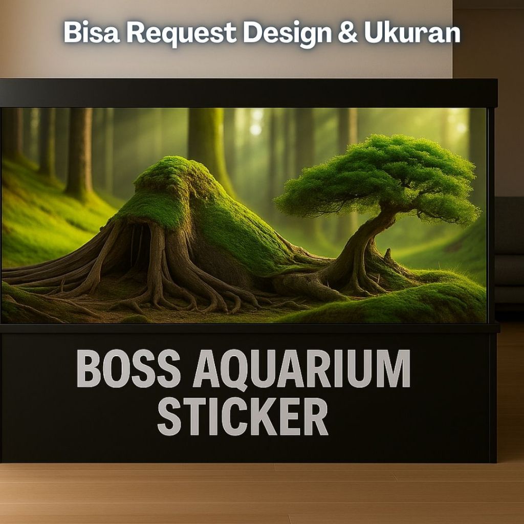 Boss Aquarium Sticker Background Walpaper Kolam Ikan Gambar Fantasi Pohon Pemandangan Alam 3D