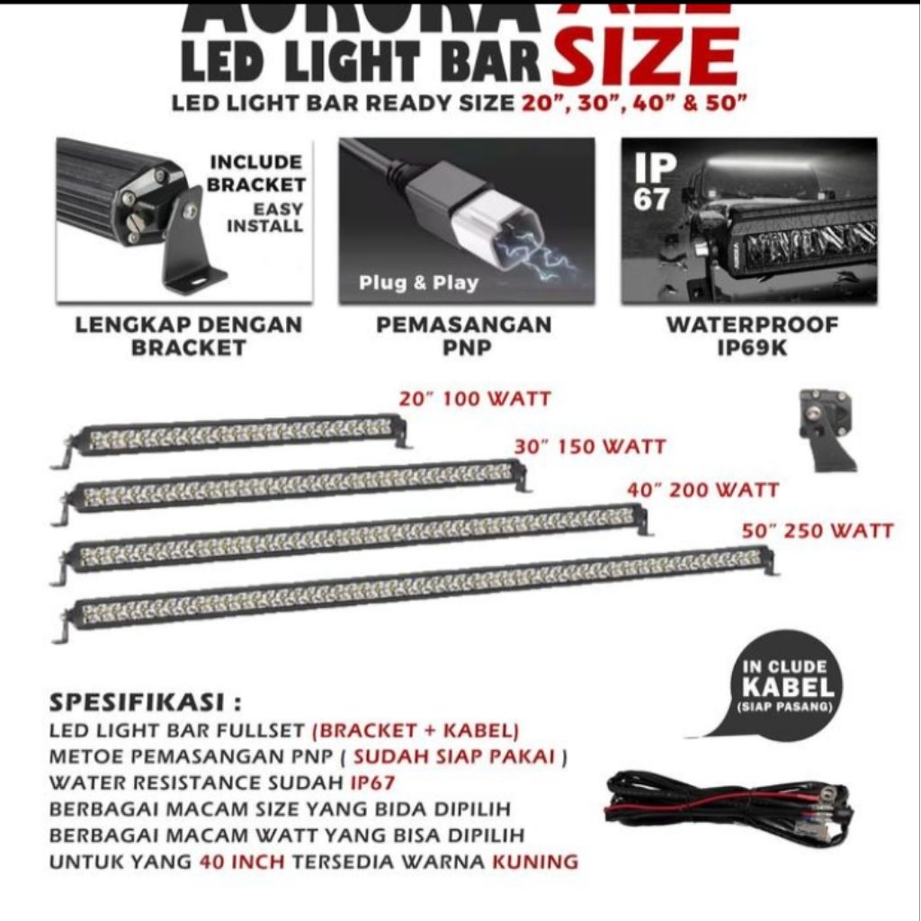 AURORA Putih 30" Single Row LED 100 Watt Panjang 80 cm Light Bar work light Bar Work Light Lampu Tem