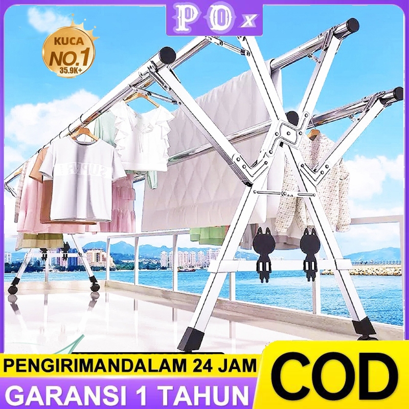 240cm Jemuran Baju Lipat Dengan Roda Stainless Steel 5 Tiang Jemuran Pakaian Anti Karat Kuat kokoh