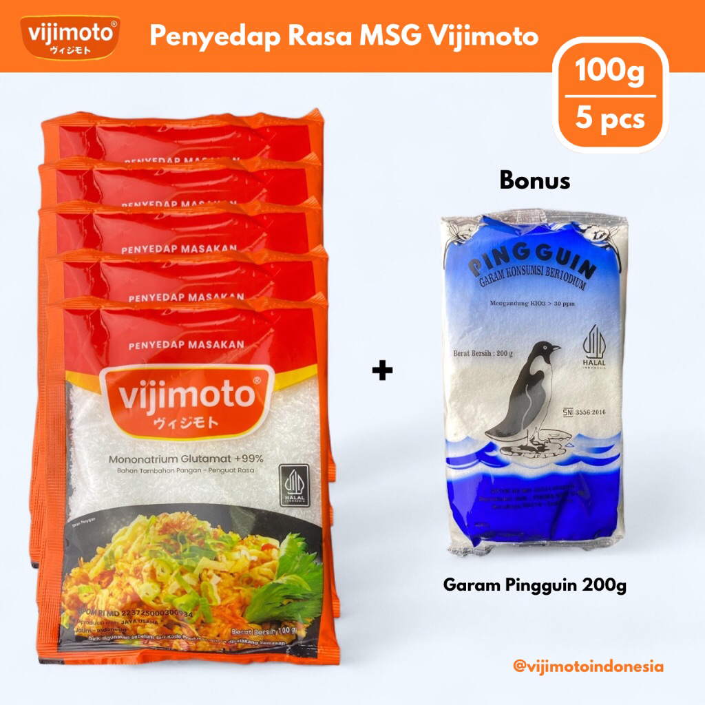 

VIJIMOTO - Penyedap Rasa MSG Vijimoto 100g (5 pcs) Berhadiah Garam Pingguin 200g - Micin - MSG