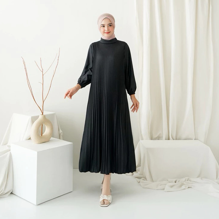 Inner Dress Gamis Maxi Wanita Plisket Bumil Busui Lengan Panjang Mayung Polos Premium Kekinian VC